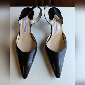 Manolo Blahnik Carolyne Black Leather Slingback Heels Pumps Size 40 US 10